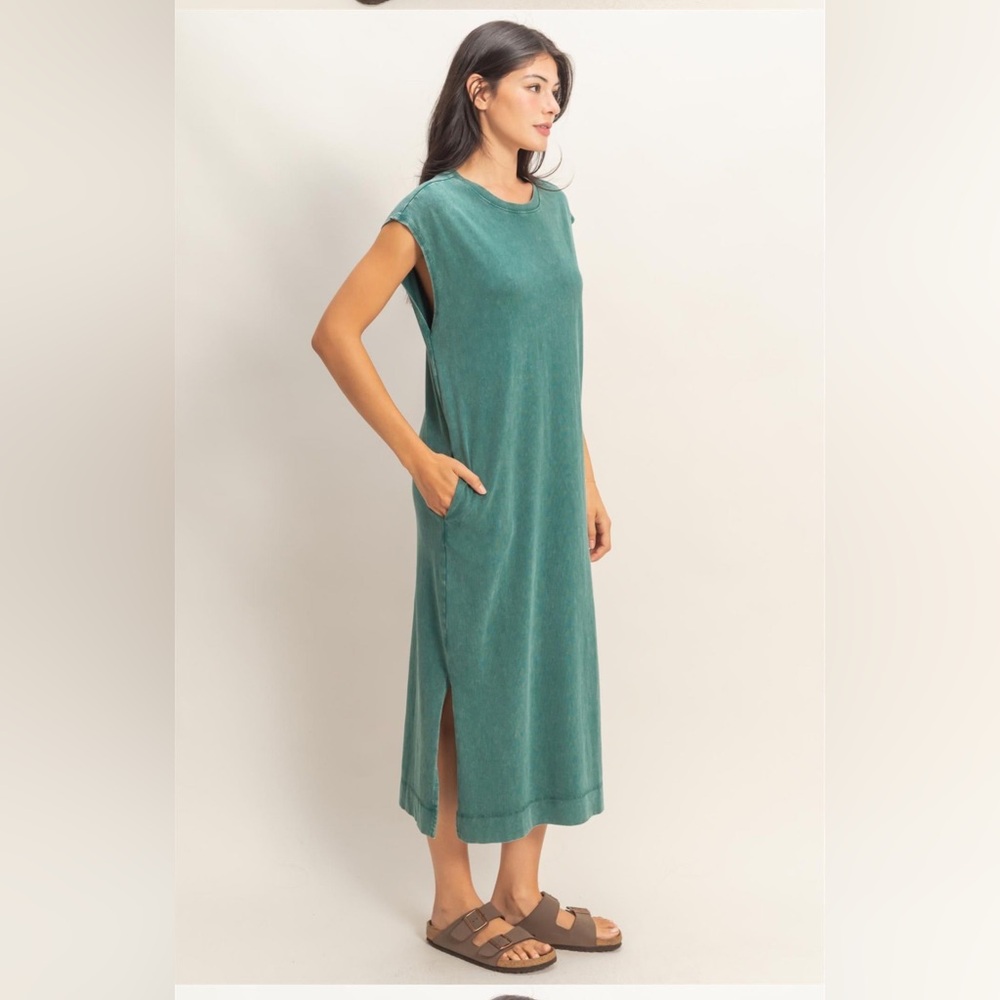 HYFVE Women's 100% Cotton Mineral Wash Cap Sleeve Midi Dress in Green